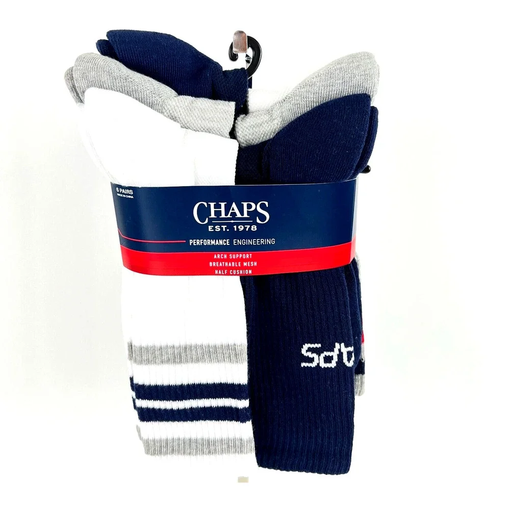 NEW Chaps Men’s Racer Stripe Athletic Crew Socks 6 Pairs Shoe Size 6-12.5 W/Tags